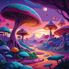 Vibrant vector art illustration of a fairy tale fantasy mushroom forest with a magical star-filled night sky