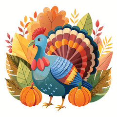 Cute Thanksgiving turkey vector cartoon illustration of a funny farm bird with autumn feathers