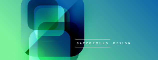 Abstract geometric shapes overlap, creating vibrant gradient effect. Modern design elements suggest technology, innovation. Background features teal, green hues.