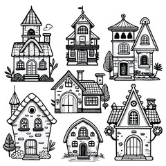 Hand-drawn architectural sketches of buildings and houses, illustrating a village or a city