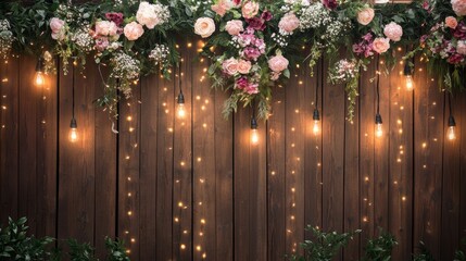 Fototapeta premium Rustic wooden backdrop with floral arrangement and fairy lights.