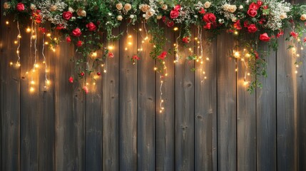 Festive floral arrangement with fairy lights on rustic wooden background.