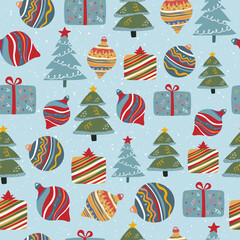 Colorful Christmas festive seamless pattern with holiday trees, decorations, gift boxes and snowflakes on blue background.
