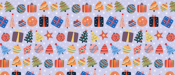 Funny Christmas and New Year retro pattern with fir trees, gift boxes and snowflakes. Holiday packaging for fabric, textile, paper and greeting cards.