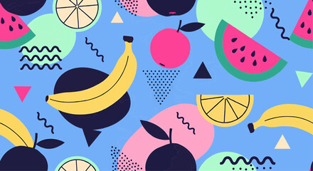 Fresh summer fruit doodle with geometric shapes. A colorful and abstract retro pattern background.