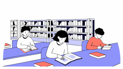 Student Studying in Library – Vector Illustration for Education