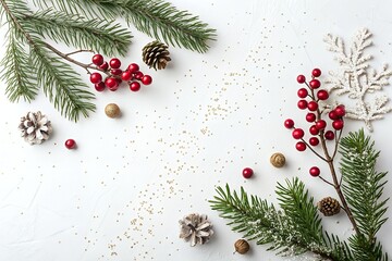 Festive christmas flat lay with evergreen branches red berries pine cones and sparkling snow