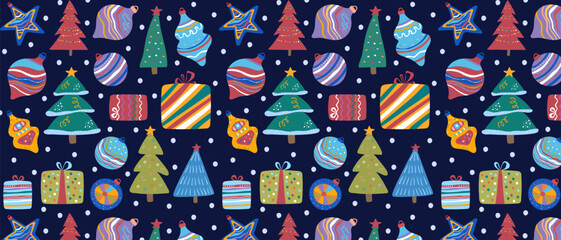 Colorful drawing of Christmas or New Year tree, gift and ornament on dark blue festive background for greeting card, fabric, wrapping.