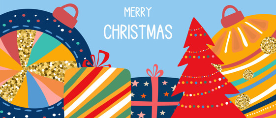 Merry Christmas card or banner with festive winter decorations. Bright abstract seasonal background with typography.