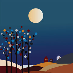 Moonlit Night Scene with Colorful Trees and Houses