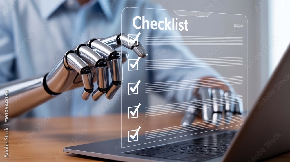 Poster a futuristic robotic hand completing a digital checklist on a laptop showcasing automation and effic