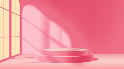 Pink room interior with arched window and two tiered pink display platform