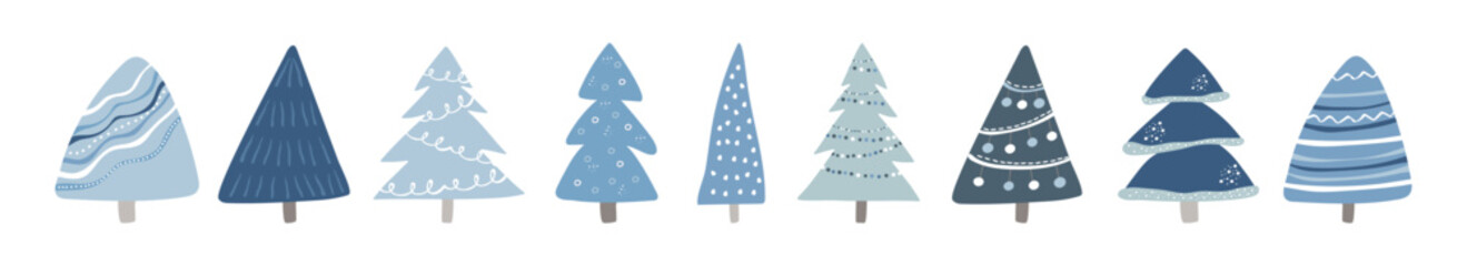 Blue abstract geometric fir trees in scandinavian style. Winter forest elements. Holiday seasonal decor for postcard, poster.