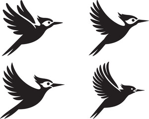 Woodpecker Silhouette Vector Icon Set, Black Bird Perched and Pecking Tree Trunk Design, woodpecker symbol illustration.