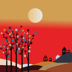 Sunset Scene with Colorful Trees and Silhouette Buildings