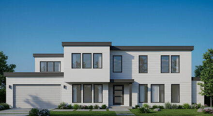 Sleek modern house with bright blue sky