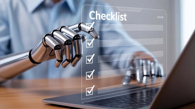 A futuristic robotic hand completing a digital checklist on a laptop showcasing automation and efficiency on a wooden