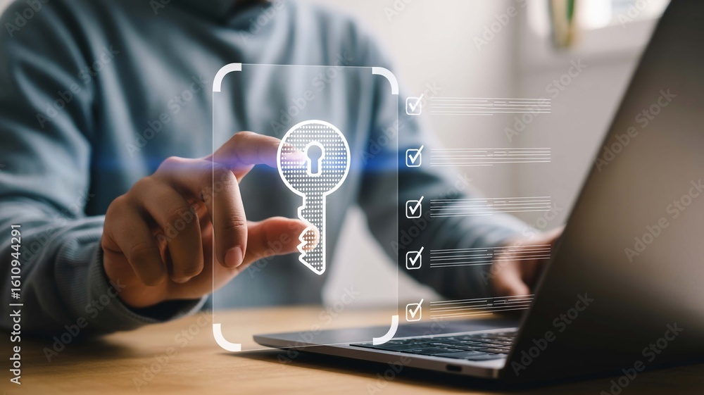 Poster achieving digital security a person verifies checklist with a symbolic key emphasizing online safety