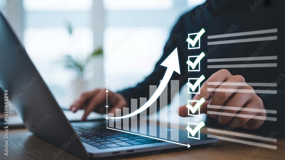Poster achieving goals with strategic planning a digital checklist and data driven insights on a laptop scr