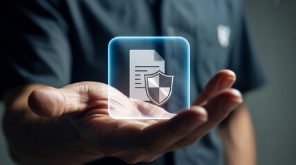 Holding the promise of secure digital documents and data protection with care Futuristic digital icon on hand in soft