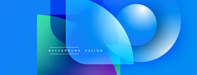 Abstract blue design features overlapping translucent shapes. Modern composition with gradient effects, text reads background design. Vibrant, dynamic visual.