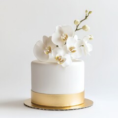 birthday cake with smooth white fondant, accented by a thin gold band around the base, topped with edible gold leaf and a few delicate white orchids