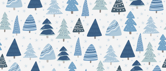 Seamless pattern with blue winter forest with stylized Christmas tree and snowflakes. Winter background for holiday decoration.