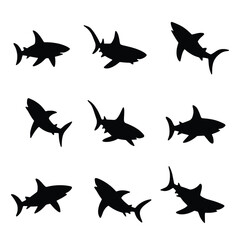 Silhouetted Sharks Swim In Various Poses Against A White Background In A Minimalist Stark Design