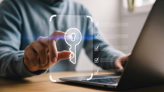 Achieving digital security a person verifies checklist with a symbolic key emphasizing online safety and data protection