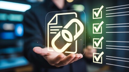 Backlink strategy ensuring SEO optimization A man holds a glowing file with linked chain and checklists for robust