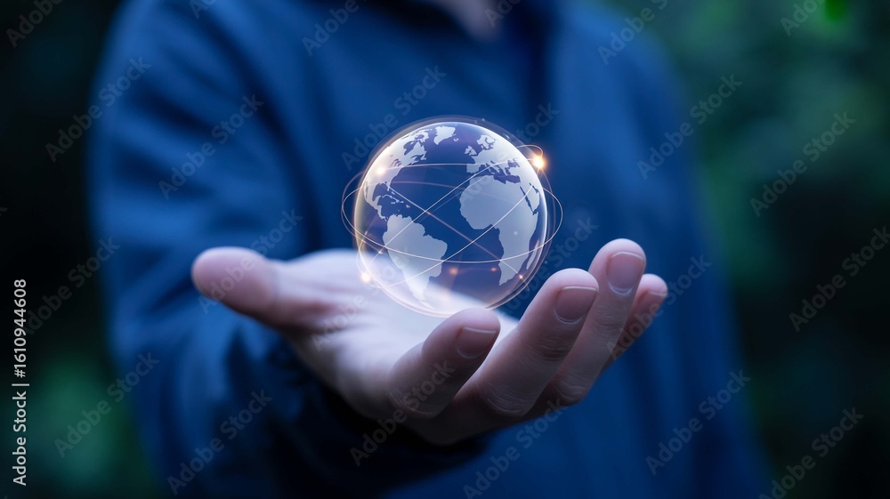 Poster a man holds a glowing globe representing global connectivity and communication networks in the palm 