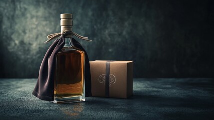 Elegant whiskey bottle wrapped in black fabric next to a brown gift box on a dark textured surface