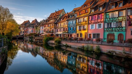 Colorful houses reflect on the tranquil water in a picturesque Alsatian village at sunset in France