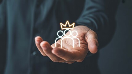 A leader offering partnership guiding a team to success with support symbolized by a crown held in hand with soft