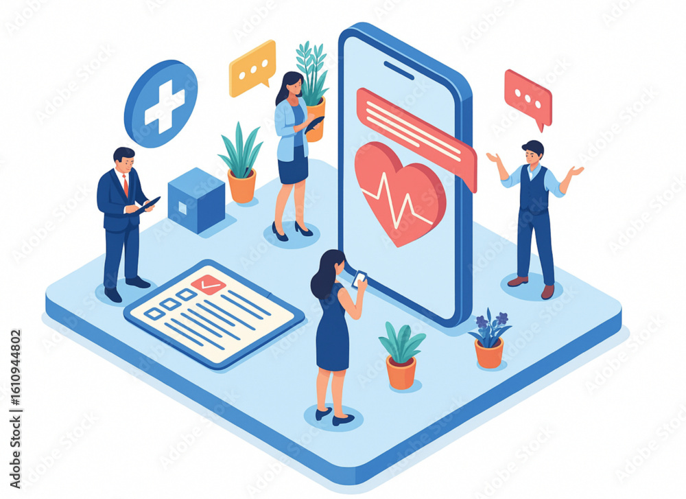 Poster dynamic team collaborates on innovative digital health solutions featuring heart monitoring app