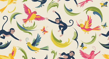Seamless pattern featuring monkeys, colorful birds, butterflies, and swirling green leaves on a light background.
