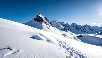 Snow-covered mountain range under a vibrant blue sky, showing a path leading towards a prominent peak