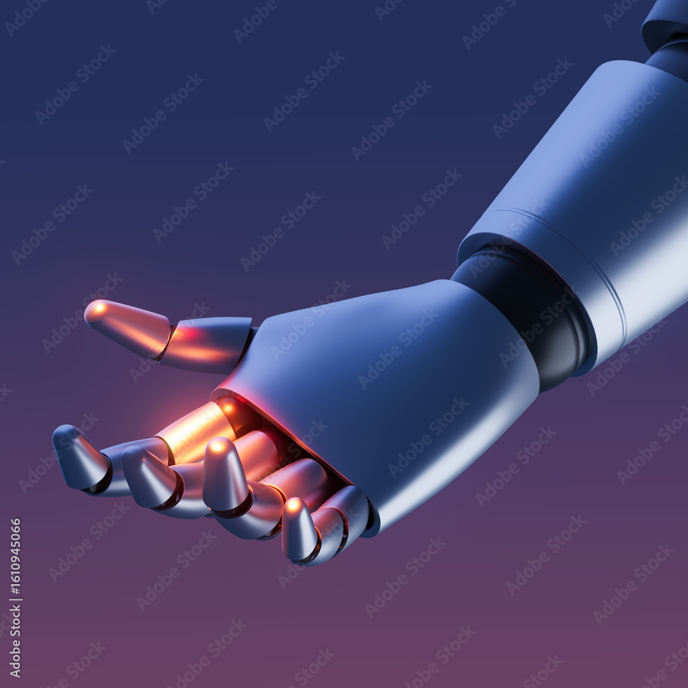 Poster futuristic robotic hand with glowing joints extended in a gesture of interaction or support on gradi