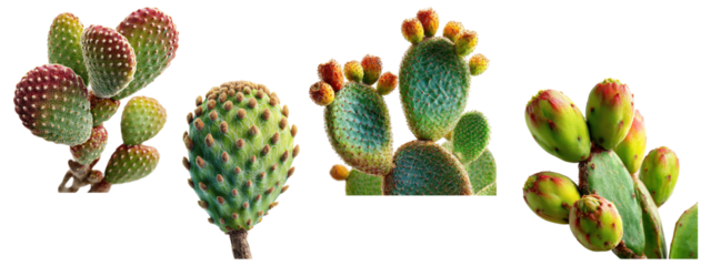 Various prickly pear cactus plants with green pads and red fruits.