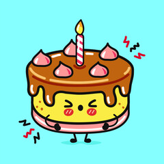 A happy cartoon birthday cake with a lit candle and cheerful expression.