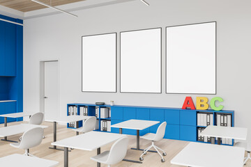 Modern classroom interior with blank posters on wall for educational mockup or presentation template in clean learning design concept. 3D Rendering