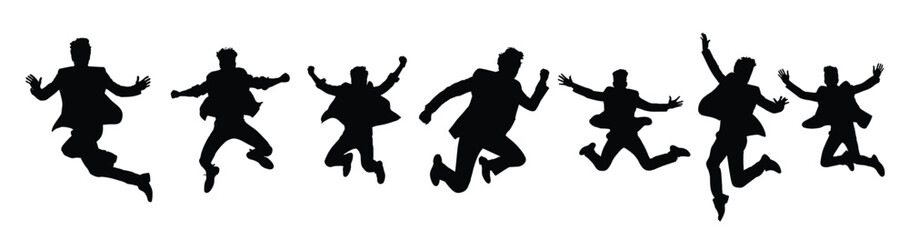 silhouette of a man with a suit jumping. business man hopping. isolated on a transparent background