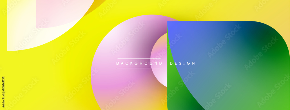Poster abstract colorful shapes overlap yellow backdrop. gradient hues create modern visual effect. minimal