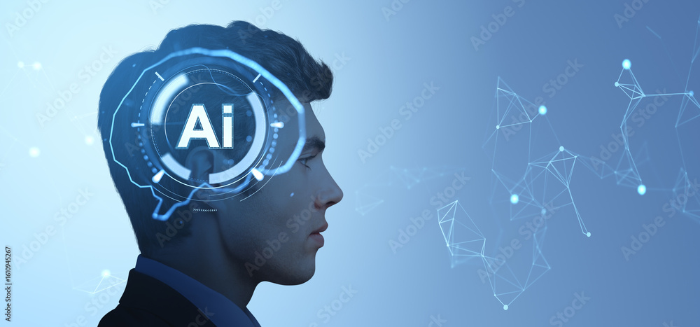 Poster human profile with ai interface highlighting artificial intellig
