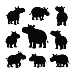 Collection Of Silhouette Hippopotamus Illustrations In Various Poses Against A White Background