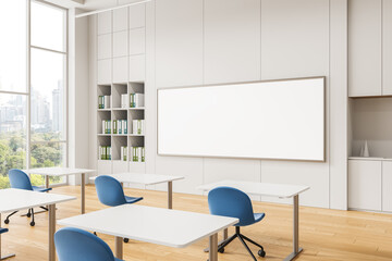 Modern classroom interior with blue chairs, white tables, and a large whiteboard in a bright room with city view and wooden floor design. 3D Rendering