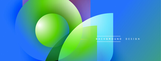 Abstract vibrant design features overlapping shapes. Blue, green hues dominate composition. Modern aesthetic, clean lines present dynamic visual experience.