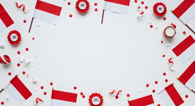 Festive arrangement of Indonesian flags, paper decorations, and confetti on a white background, creating a celebratory border. - Powered by Adobe