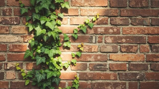 Ivy Growing on Rustic Brick Wall Sunlight and Shadow