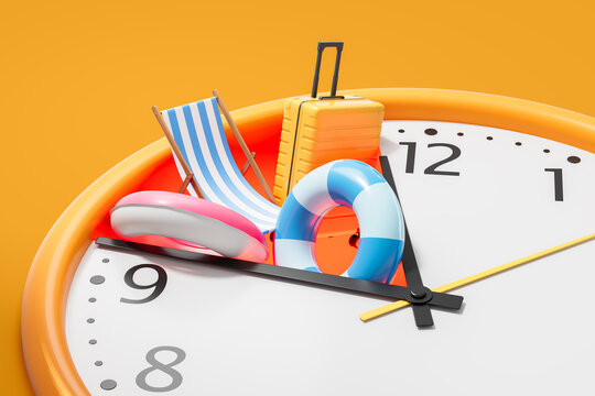 Vacation time concept with beach items on clock face representing holiday planning and summer travel countdown in creative 3D rendering style. 3D Rendering